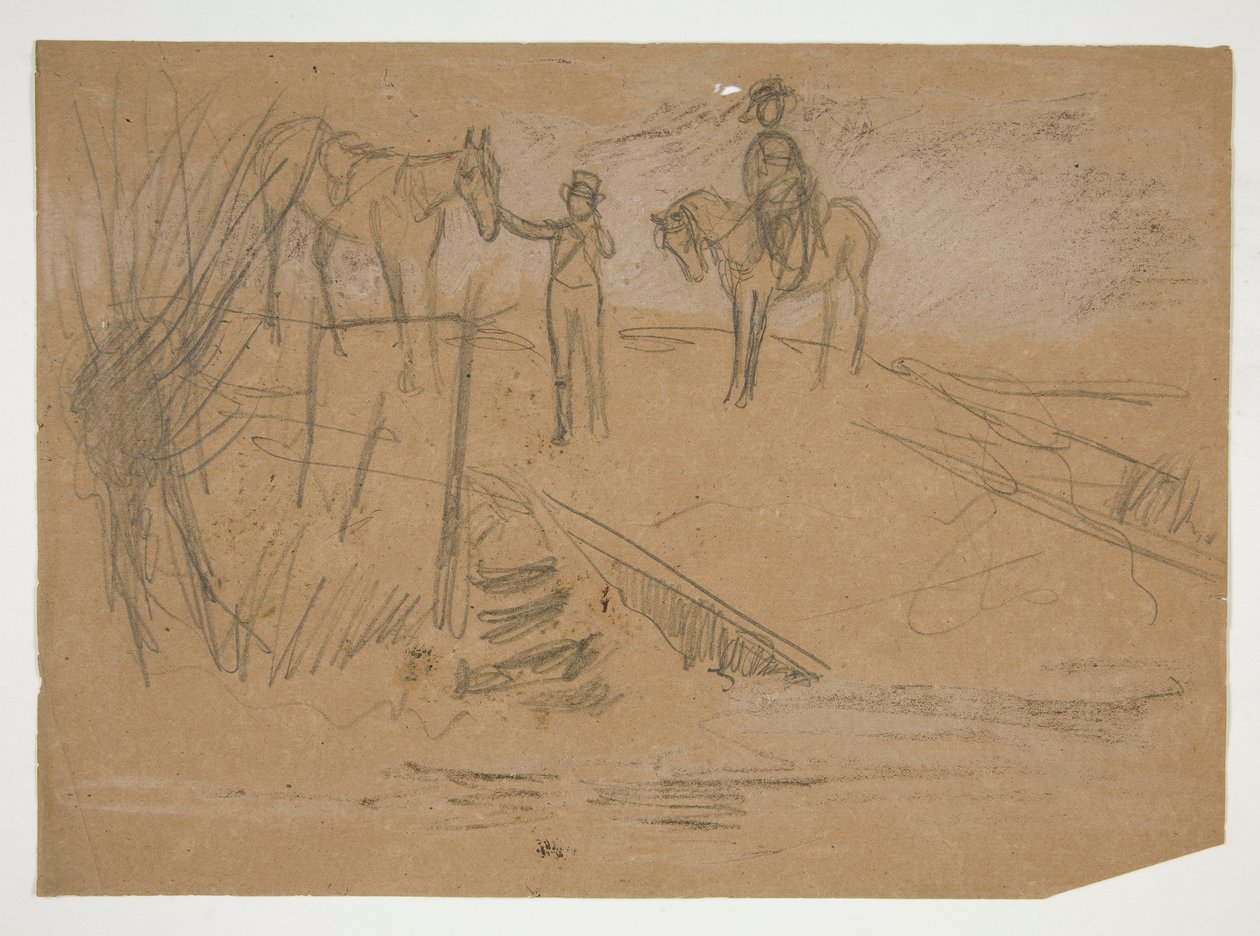 Dois homens e dois cavalos em uma paisagem - ilustração não identificada de Edwin Austin Abbey