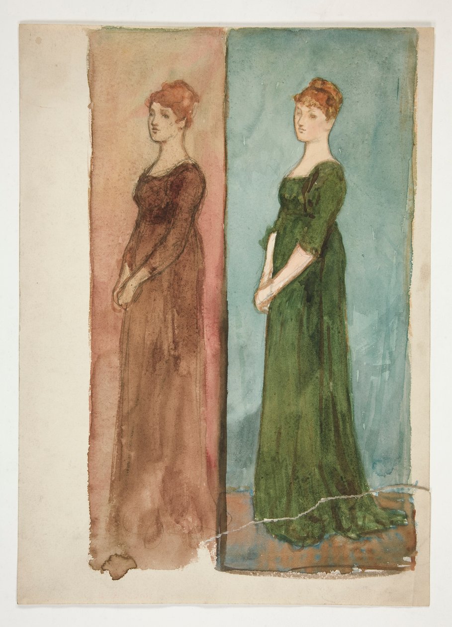 Dois esboços de uma mulher (vestida de vermelho, de verde) - estudos de fantasia para uma peça de teatro? de Edwin Austin Abbey