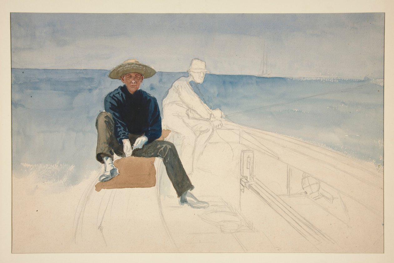 Desenho inacabado de dois homens a navegar - (ilustração não identificada) de Edwin Austin Abbey
