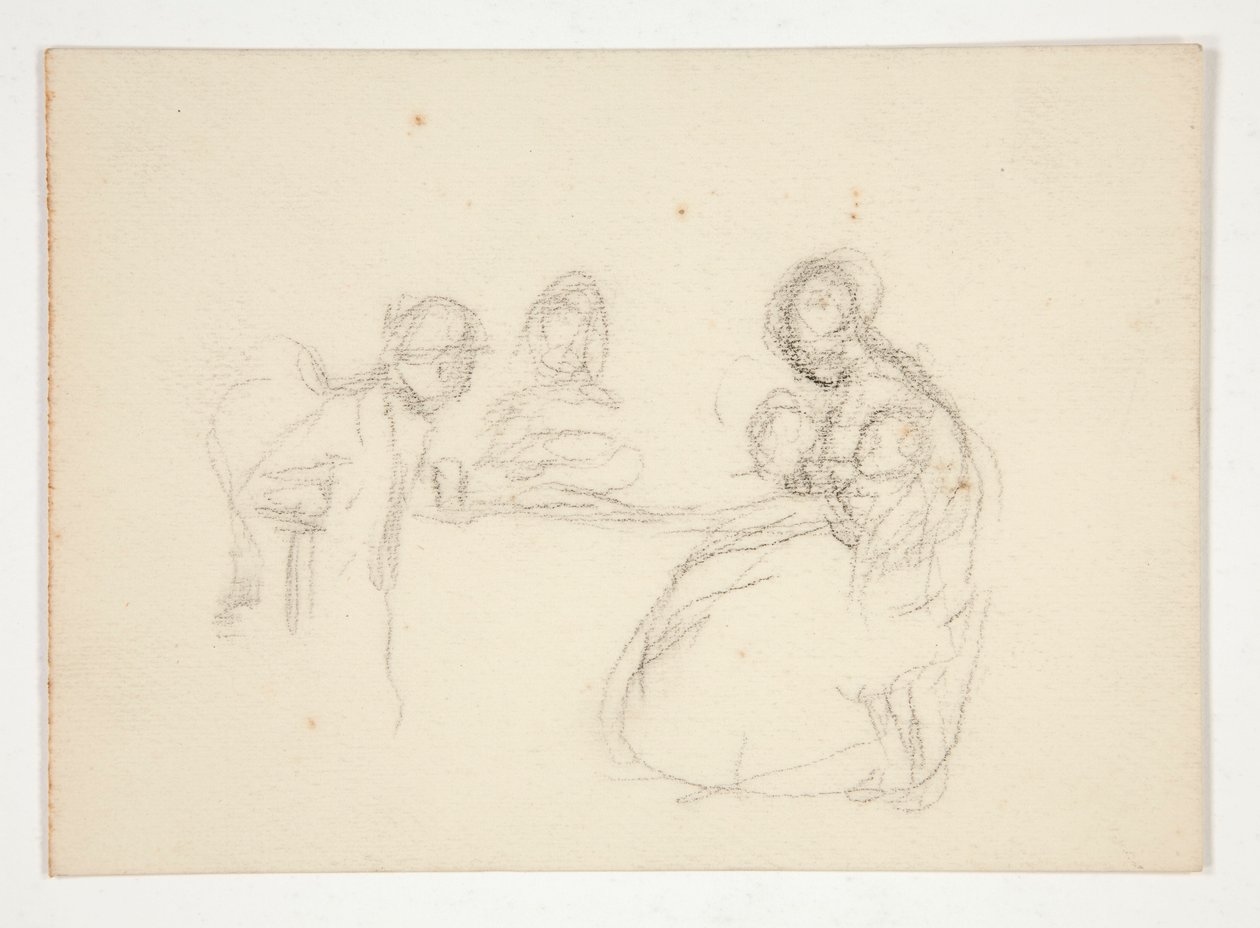 Ilustração não identificada - Estudo de figuras numa tabela. Homem sentado ao contrário. de Edwin Austin Abbey