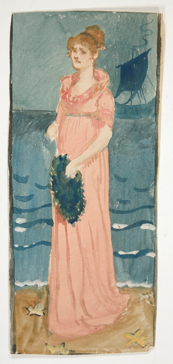 Ilustração não identificada da mulher numa praia, navio em distância de Edwin Austin Abbey