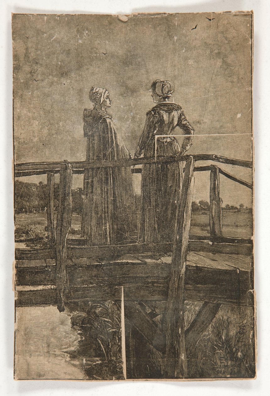 Gravura em madeira sem título por E.A. Abadia (?) de duas senhoras em uma passarela de madeira - ilustração para William Black de Edwin Austin Abbey