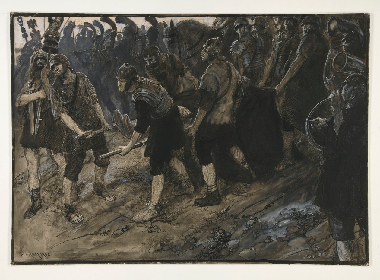 Ventidius entra em triunfo, o corpo morto de Pacorus carregado antes dele, Ato III, cena i, Antônio e Cleópatra de Edwin Austin Abbey