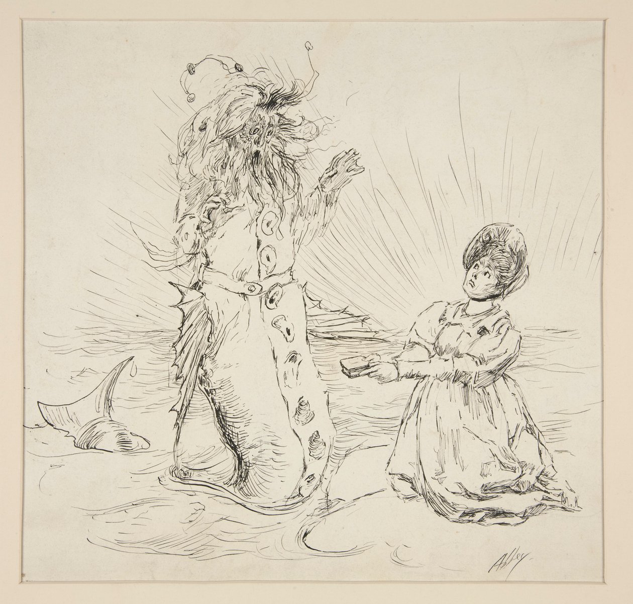 Mulher e serpente na praia, esboço para The Lay of the Lobster de Edwin Austin Abbey