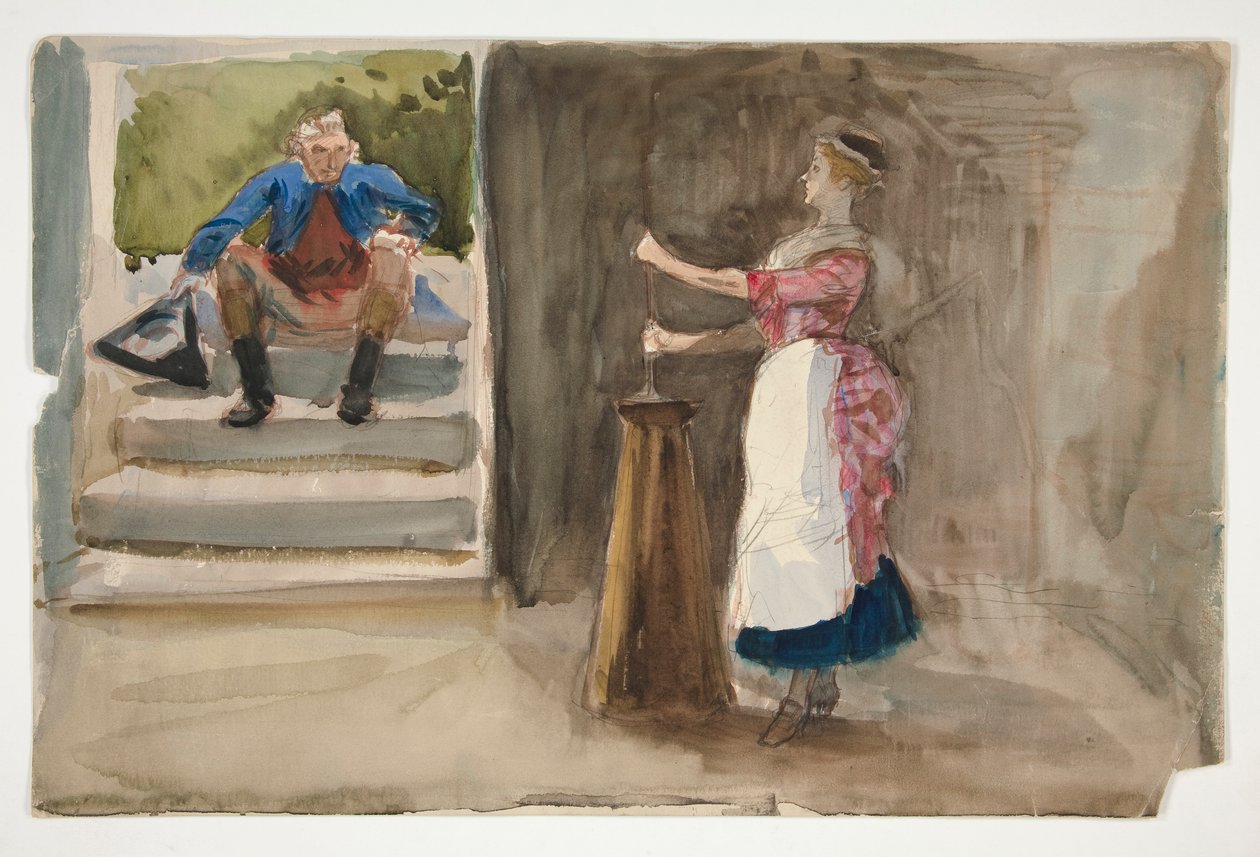 Mulher batendo manteiga, homem de vestido revolucionário assistindo - (ilustração não identificada) de Edwin Austin Abbey