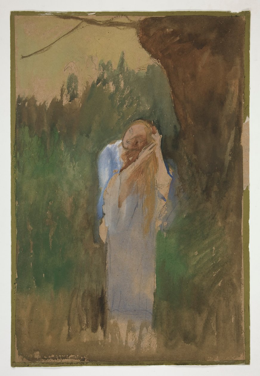 Mulher na paisagem terrestre, penteando o seu cabelo louro e comprido - (ilustração não identificada) de Edwin Austin Abbey