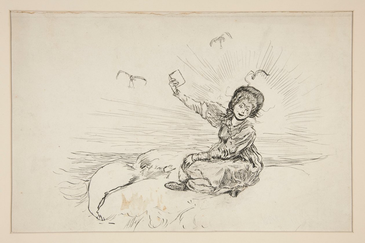 Mulher na praia segurando livro, esboço para The Lay of the Lobster de Edwin Austin Abbey