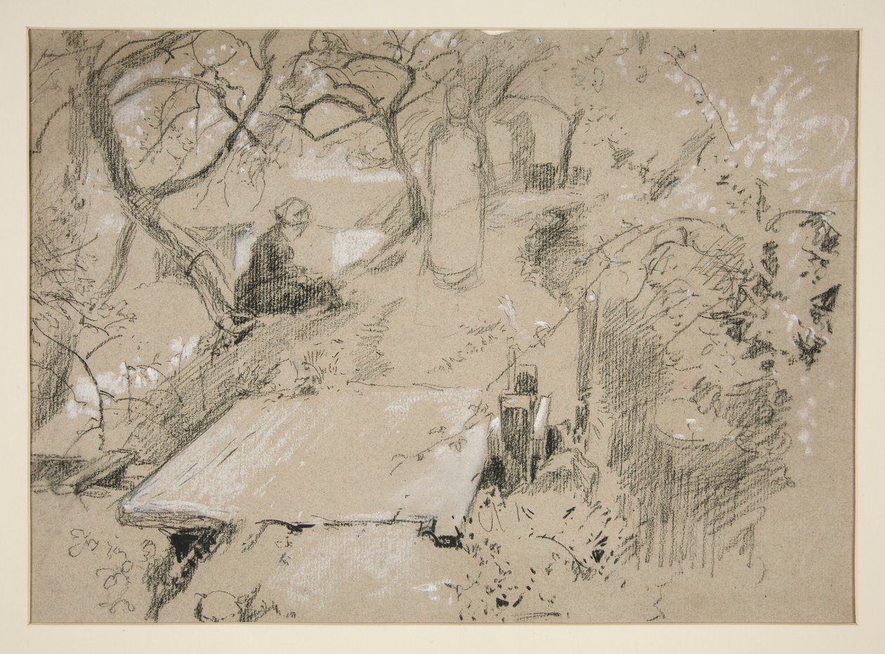 Mulher sentada no banco de um jardim ou parque público - ilustração não identificada de Edwin Austin Abbey