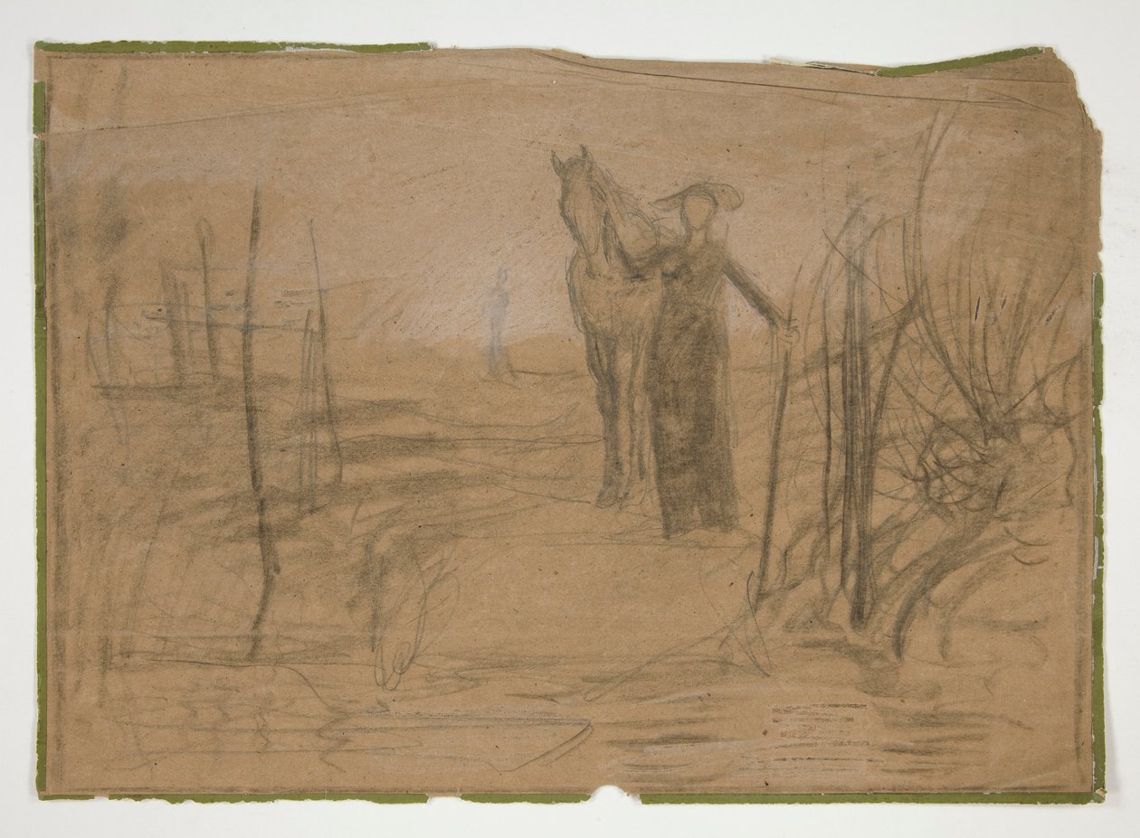 Mulher com cavalo na paisagem - ilustração não identificada de Edwin Austin Abbey