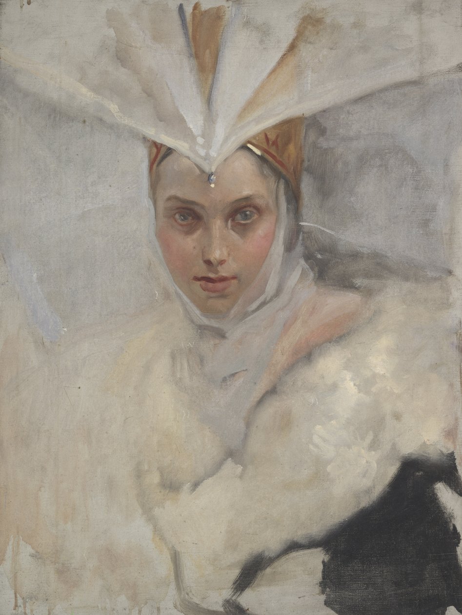 Mulher, com, osprey, headdress, e, branca, gola pele, 1897 de Edwin Austin Abbey