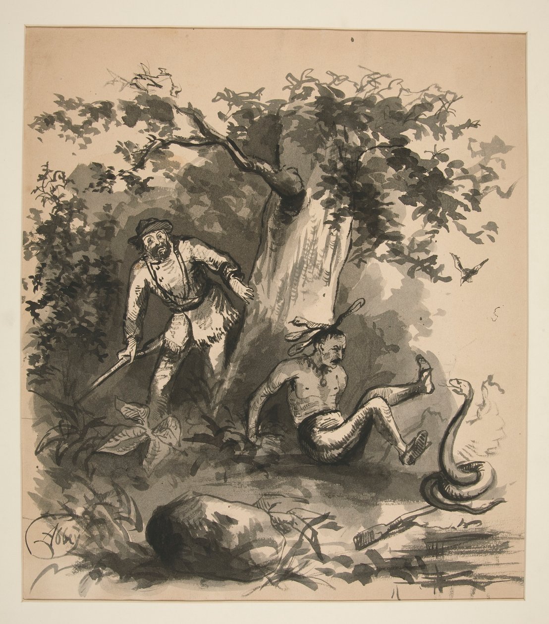 Cena florestal de um caçador, um índio, e uma cobra - ilustração não identificada de Edwin Austin Abbey