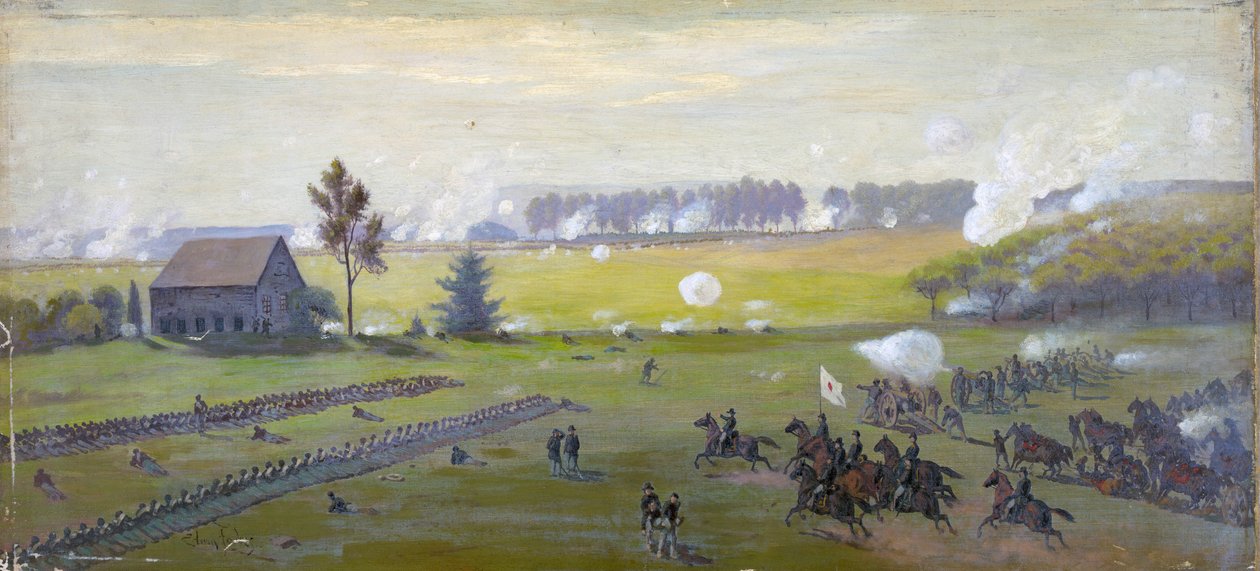 Guerra Civil Americana 1861-1865: Batalha de Gettysburg 1-3 de Julho de 1863 que pôs fim à invasão de Lee pelo Norte. As baixas americanas mais pesadas do que em qualquer outra na guerra. Petróleo de Edwin Austin Forbes