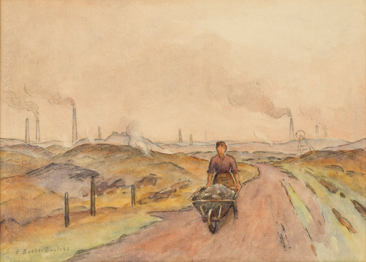 Cena Industrial, Homem com Carrinho de mão (aguarela com carvão vegetal sobre papel) de Edwin Butler Bayliss