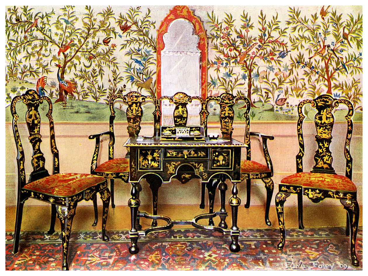Sofá de laca preta, cadeiras e mesa e espelho de laca vermelha, 1910. de Edwin Foley