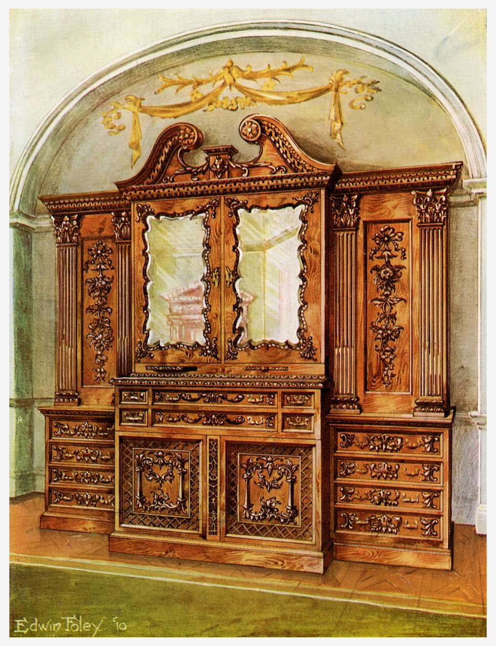 Estante de mogno entalhada e esculpida, estilo de Chippendale, influência francesa, 1911-1912. de Edwin Foley
