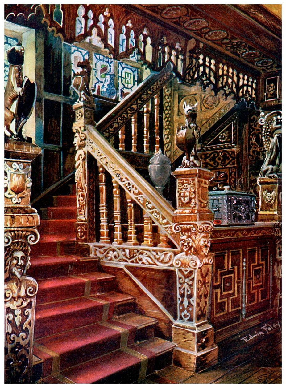 Escada de carvalho esculpida, Godinton, 1910. de Edwin Foley
