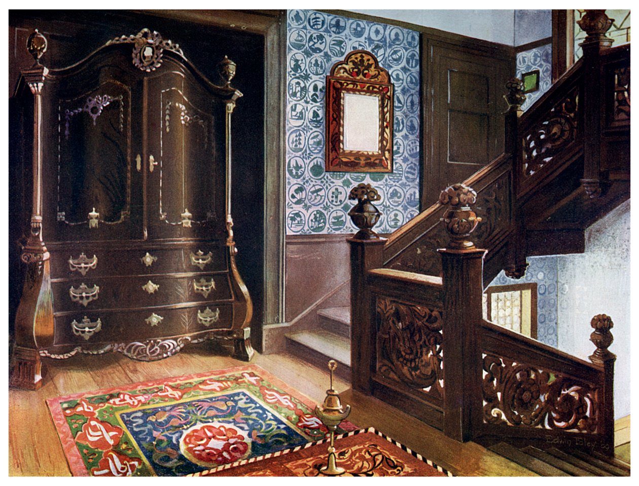Armário de bombe esculpido em nogueira com suportes perseguidos, 1910. de Edwin Foley