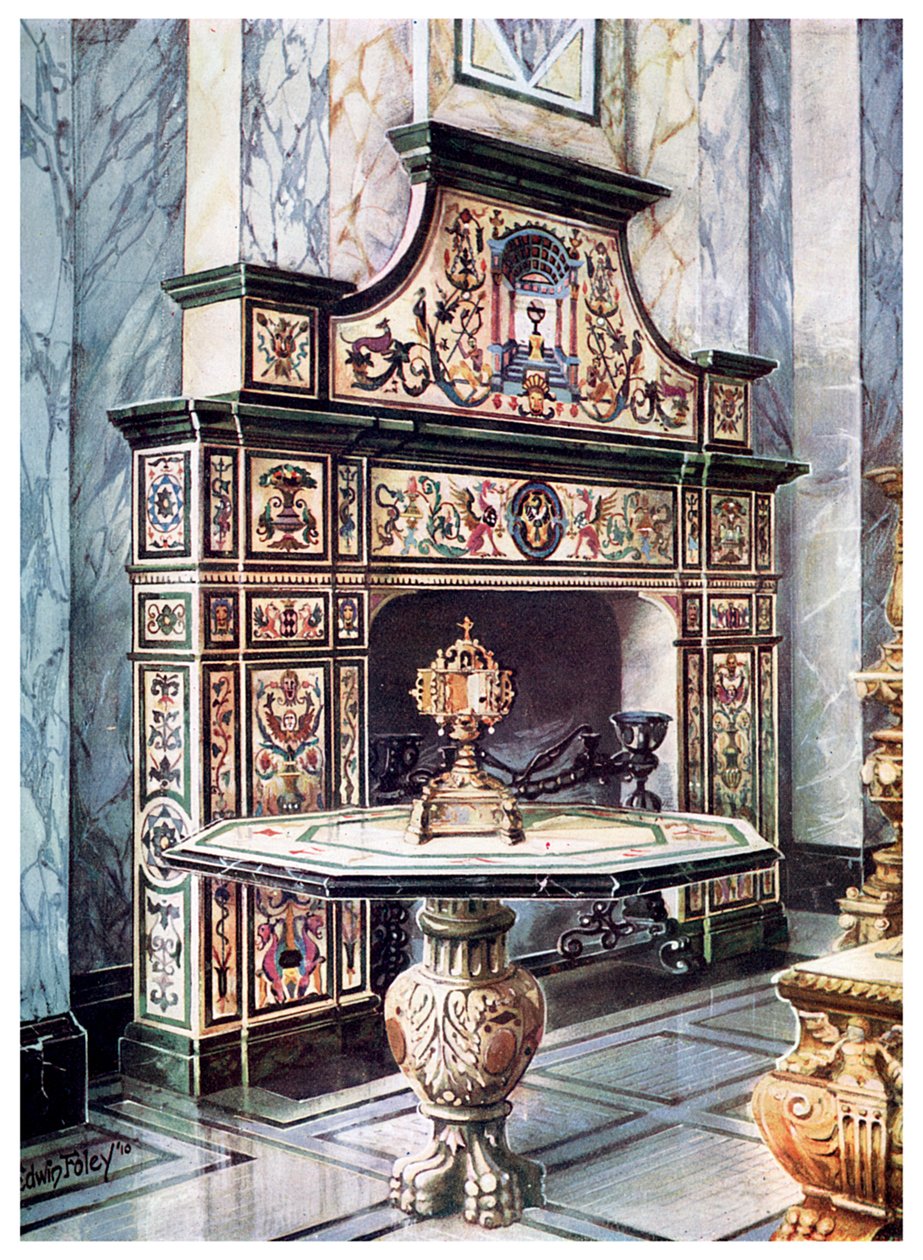 Chaminé e mesa em mosaico florentino colorido, 1910 de Edwin Foley
