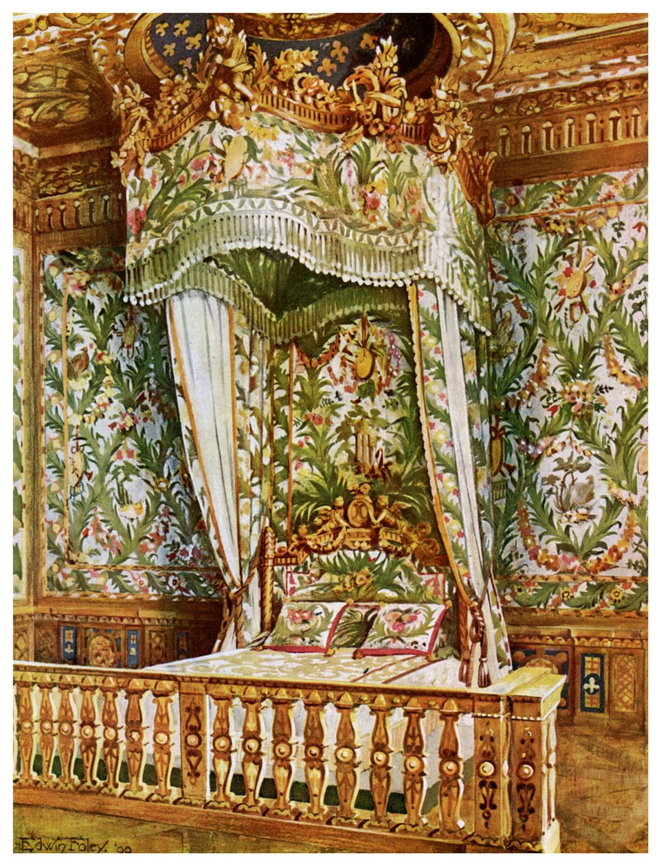 Cama de estado dourada de Marie Antoinette, quarto do Queens, palácio de Fontainebleau, França, 1911-1912. de Edwin Foley