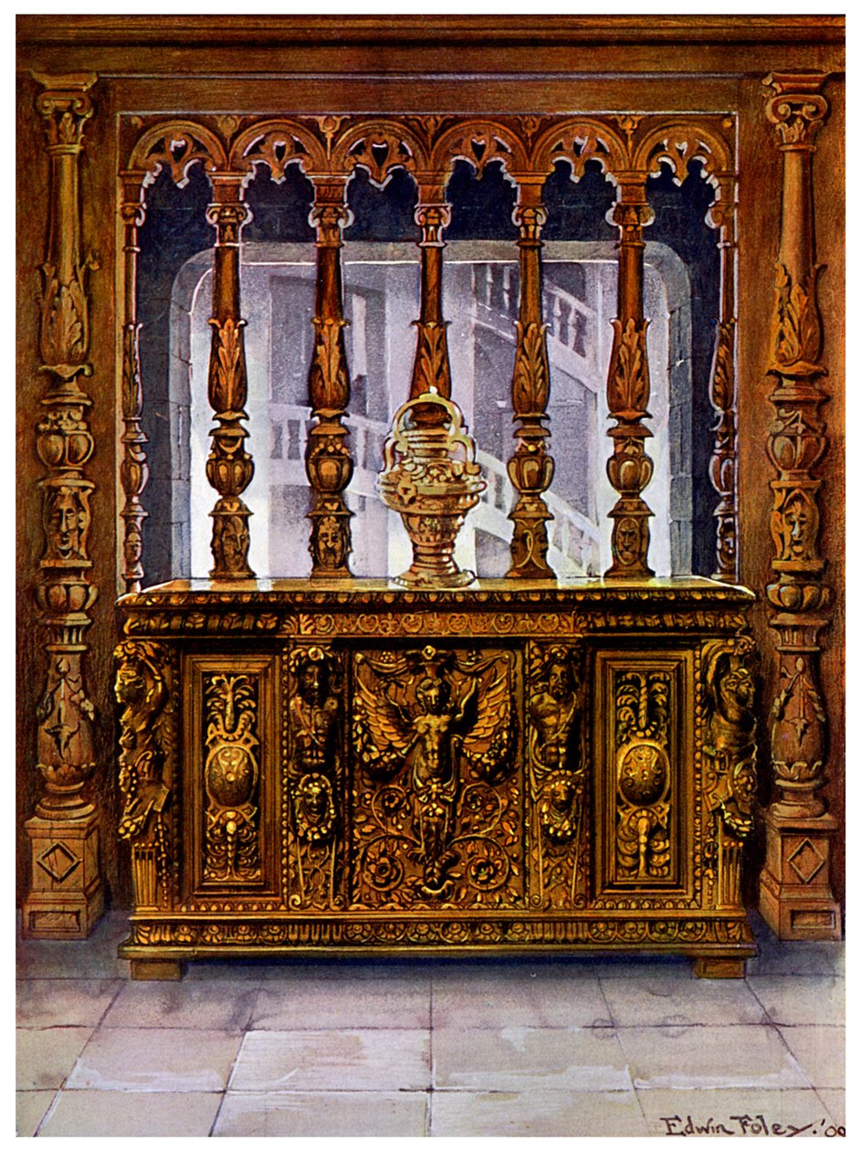 Cofre ou bahut esculpido por Henrique II e tela de carvalho do mesmo período francês, 1910. de Edwin Foley