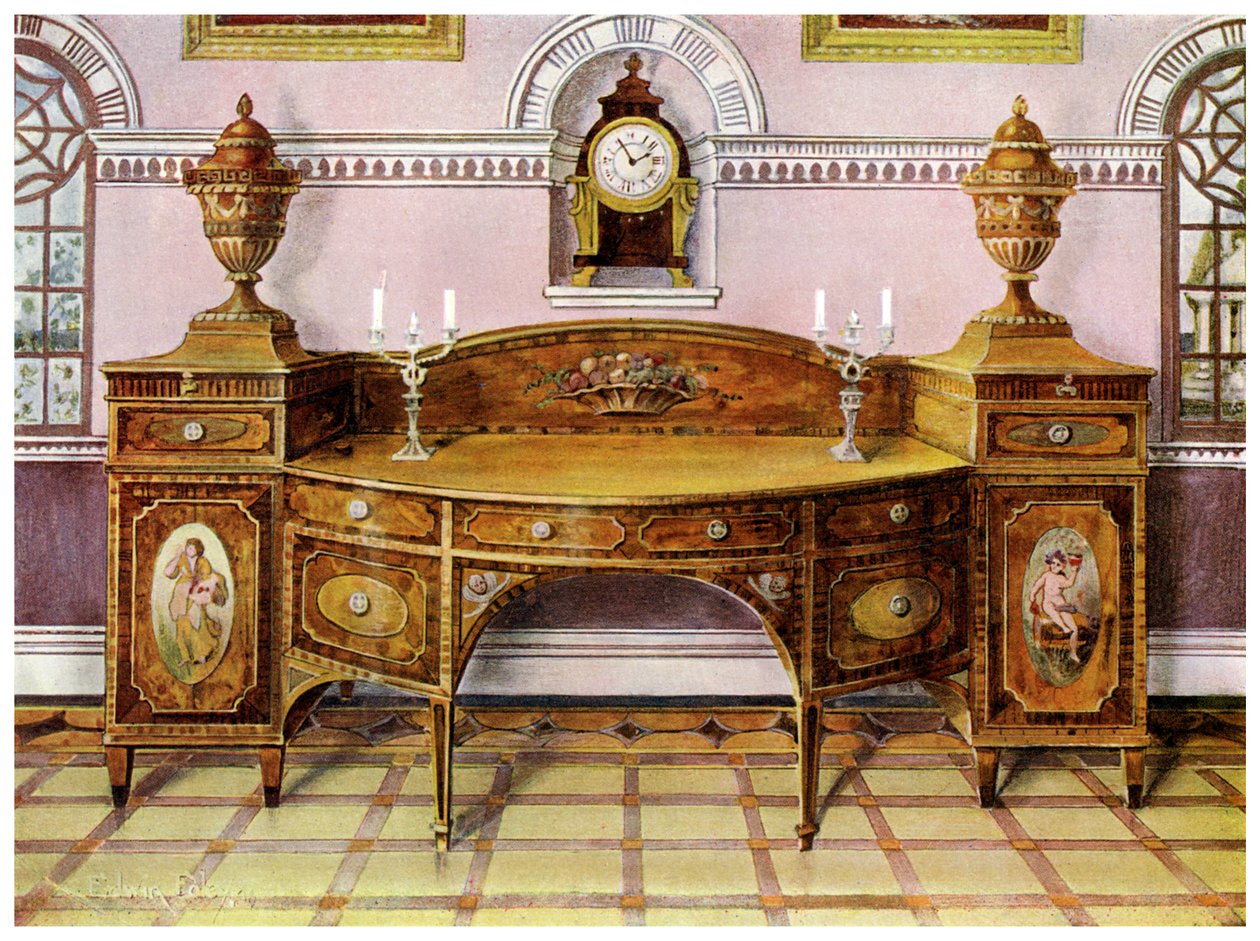 Aparador pintado e embutido em satinwood e relógio de suporte de mogno, 1911-1912. de Edwin Foley