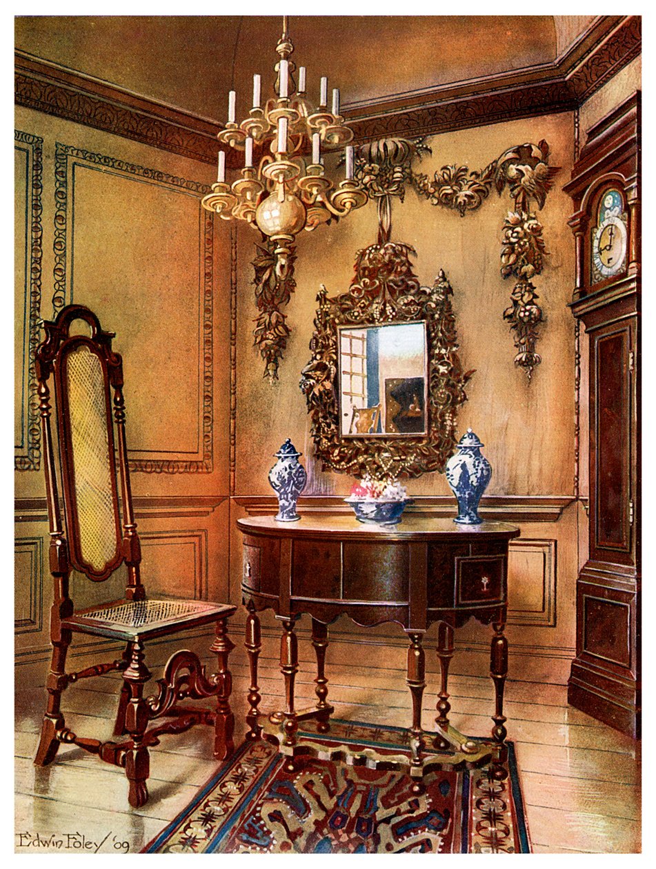 Painéis, moldura de espelho, mesa e cadeira de nogueira, relógio alto de nogueira Charles Wesleys, 1910. de Edwin Foley