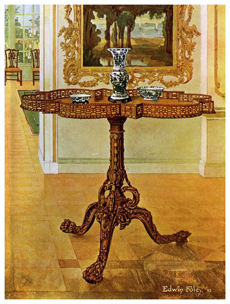 Fricção em forma de mesa de galeria com aros, Chippendale School, 1911-1912. de Edwin Foley