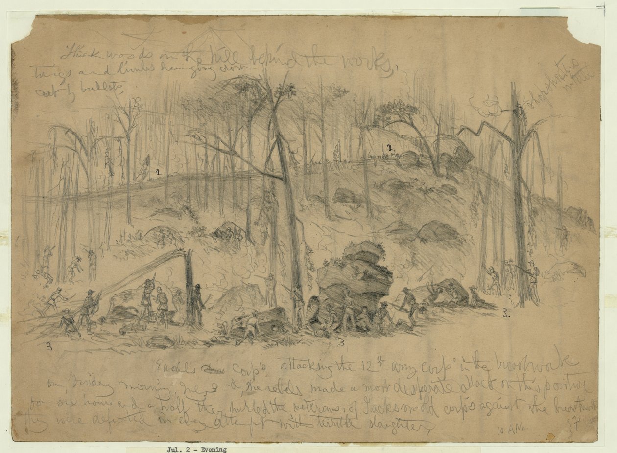 Ataque de Genl. Ewell&39;s Corps (divisão de Johnston), anteriormente sob Stonewall Jackson, no flanco direito do Exército da União em Culp&39;s Hill, mantido pelo 12º Corpo de exército de Edwin Forbes