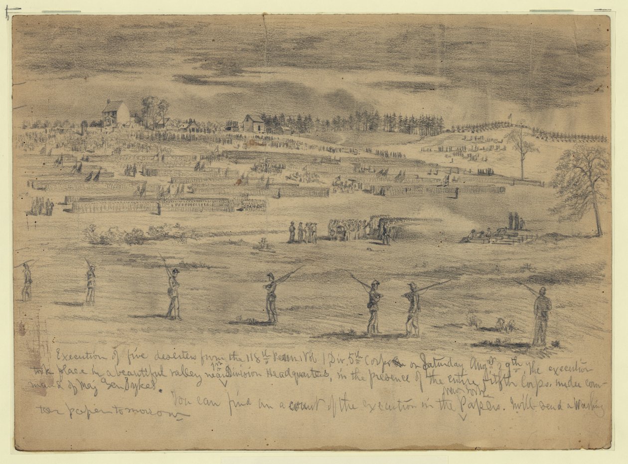 Execução de cinco desertores dos 118º Voluntários da Pensilvânia, 1ª Divisão, 5º Corpo de exército, antes de todo o 5º Corpo, Beverly Ford, Va. de Edwin Forbes