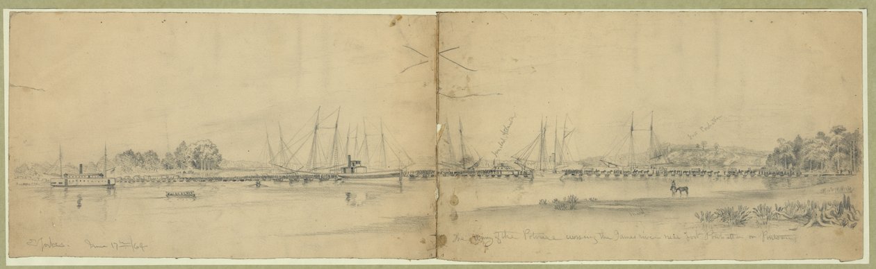 O Exército do Potomac cruzando o rio James perto de Fort Powhattan em pontões de Edwin Forbes