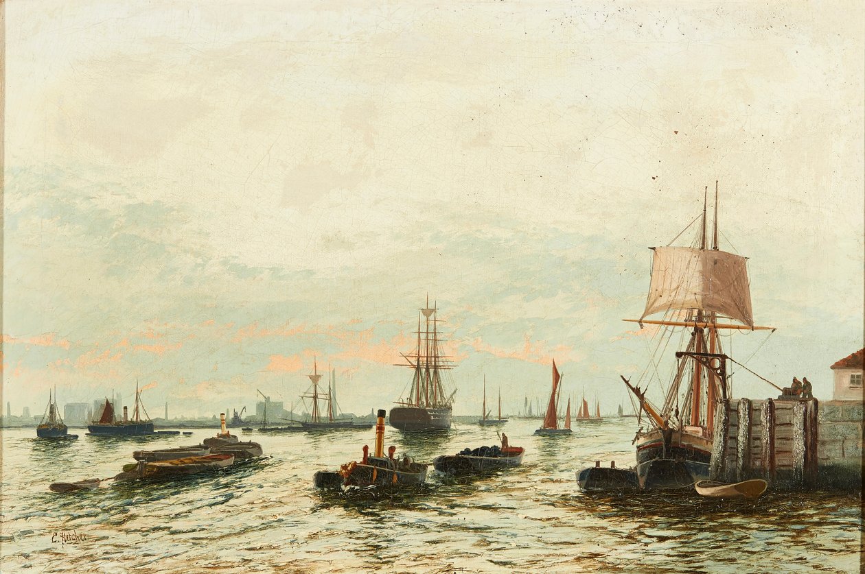 Barcaças no Tamisa (óleo sobre tela) de Edwin Henry Eugene Fletcher