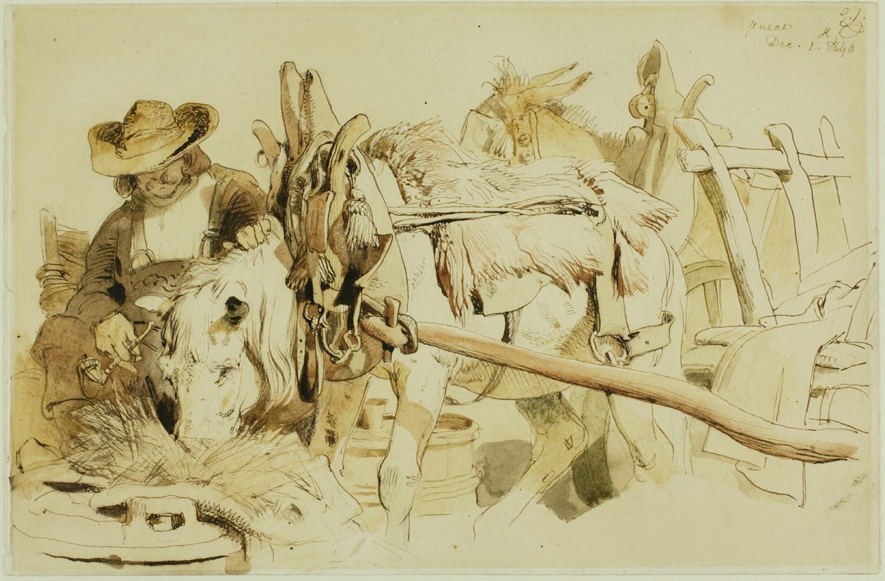 Um fazendeiro alimentando seu pônei em Genebra (reto); Frade Sentado (verso) de Edwin Henry Landseer