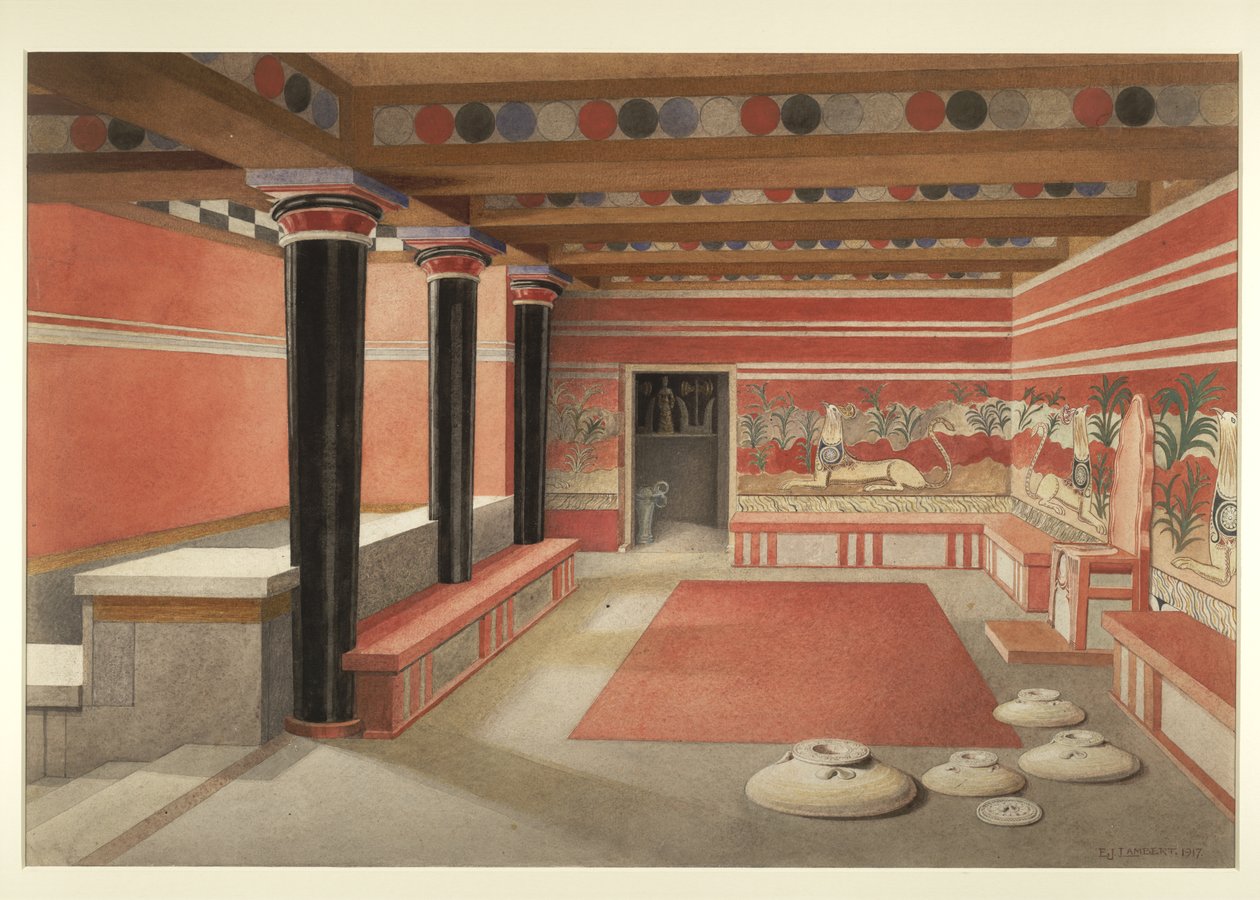 Pintura da Sala do Trono reimaginado do Palácio de Minos em Knossos de Edwin J. Lambert