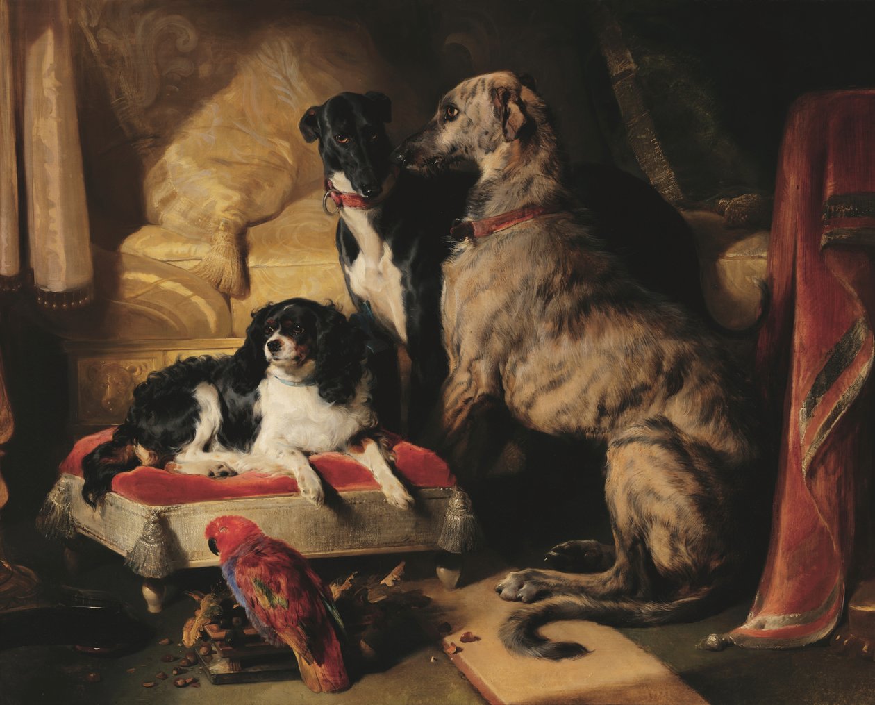 Hector, Nero e Dash com o papagaio Lory de Edwin Landseer