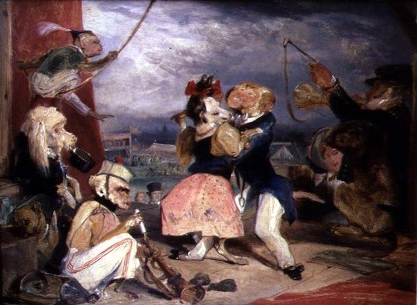 West End Fair: Monkeys and Dogs Performing on a Stage (óleo sobre painel) de Edwin Landseer