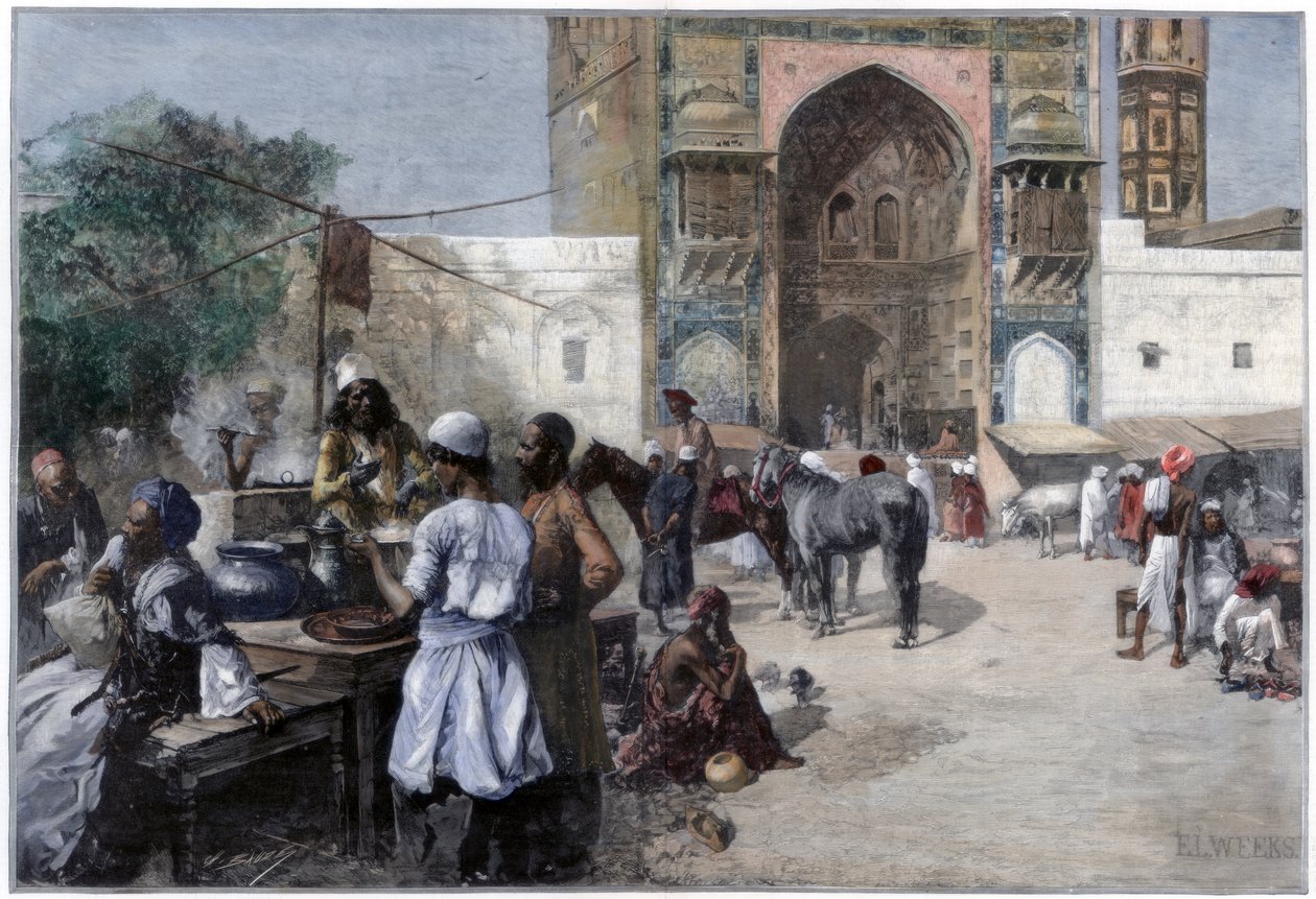 Um restaurante ao ar livre em Lahore, Índia, 1880. de Edwin Lord Weeks