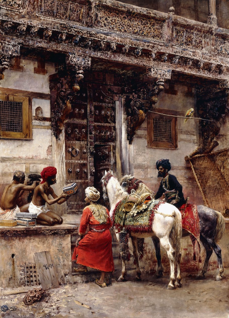 Artesão vendendo casos de um edifício de madeira de teca, Ahmedabad, c.1885 de Edwin Lord Weeks
