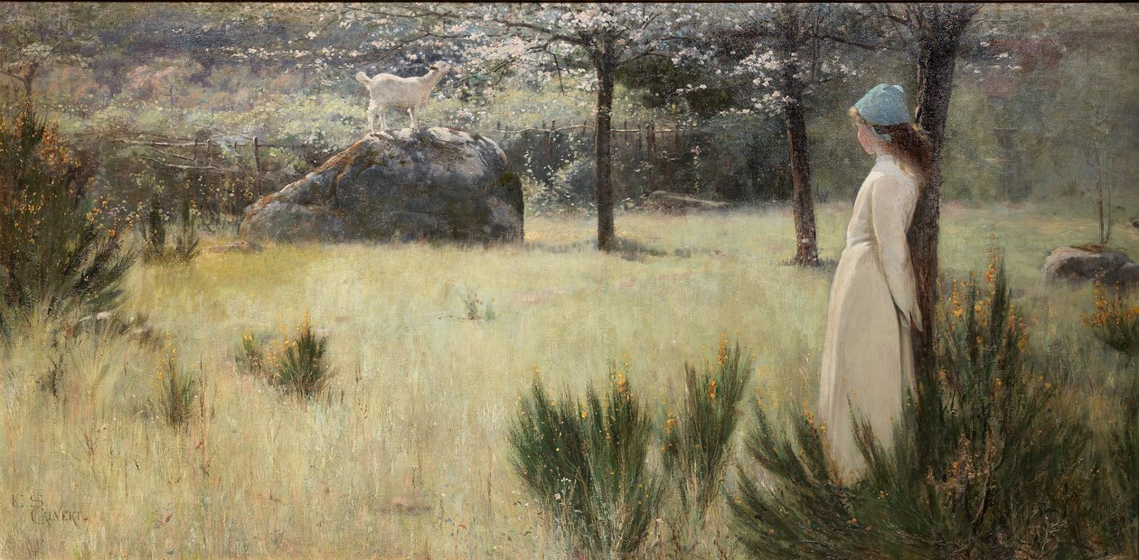 A jovem pastora e sua cabra em um pasto de primavera de Edwin Sherwood Calvert
