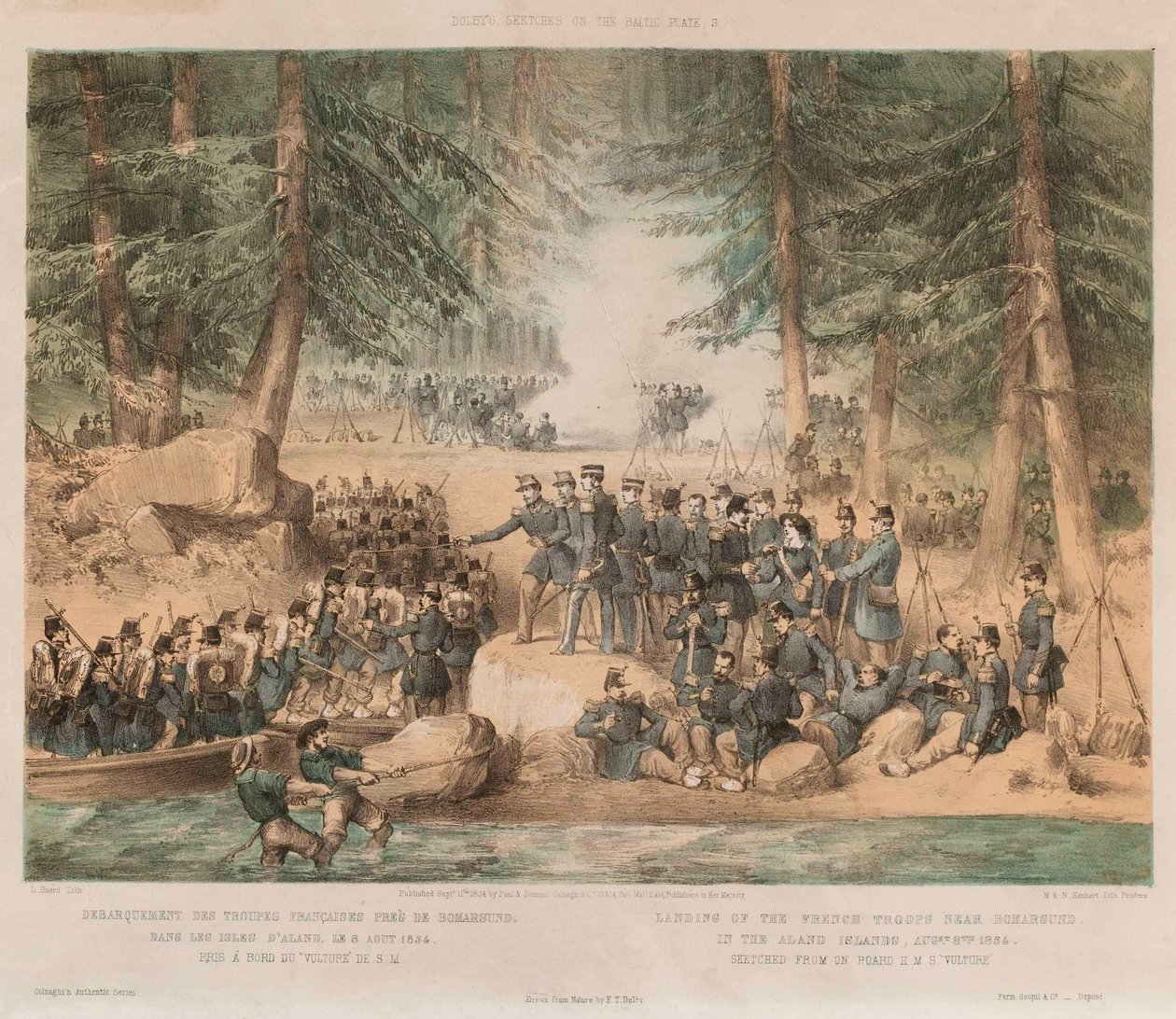 Desembarque das tropas francesas perto de Bomarsund nas Ilhas Aland, 8 de agosto de 1854 (litografia, colorida) de Edwin Thomas (after) Dolby