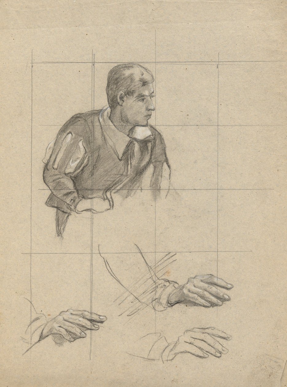Homem Sentado e Estudo de Mãos, esboço para Assinatura do Pacto na Cabine do Mayflower. de Edwin White