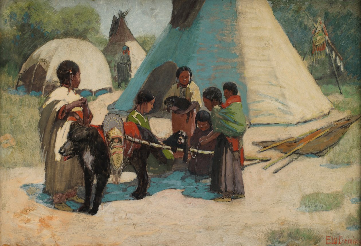 Dog Travois Blackfoot Camp, final do século 19 e início do século 20. de Edwin Willard Deming