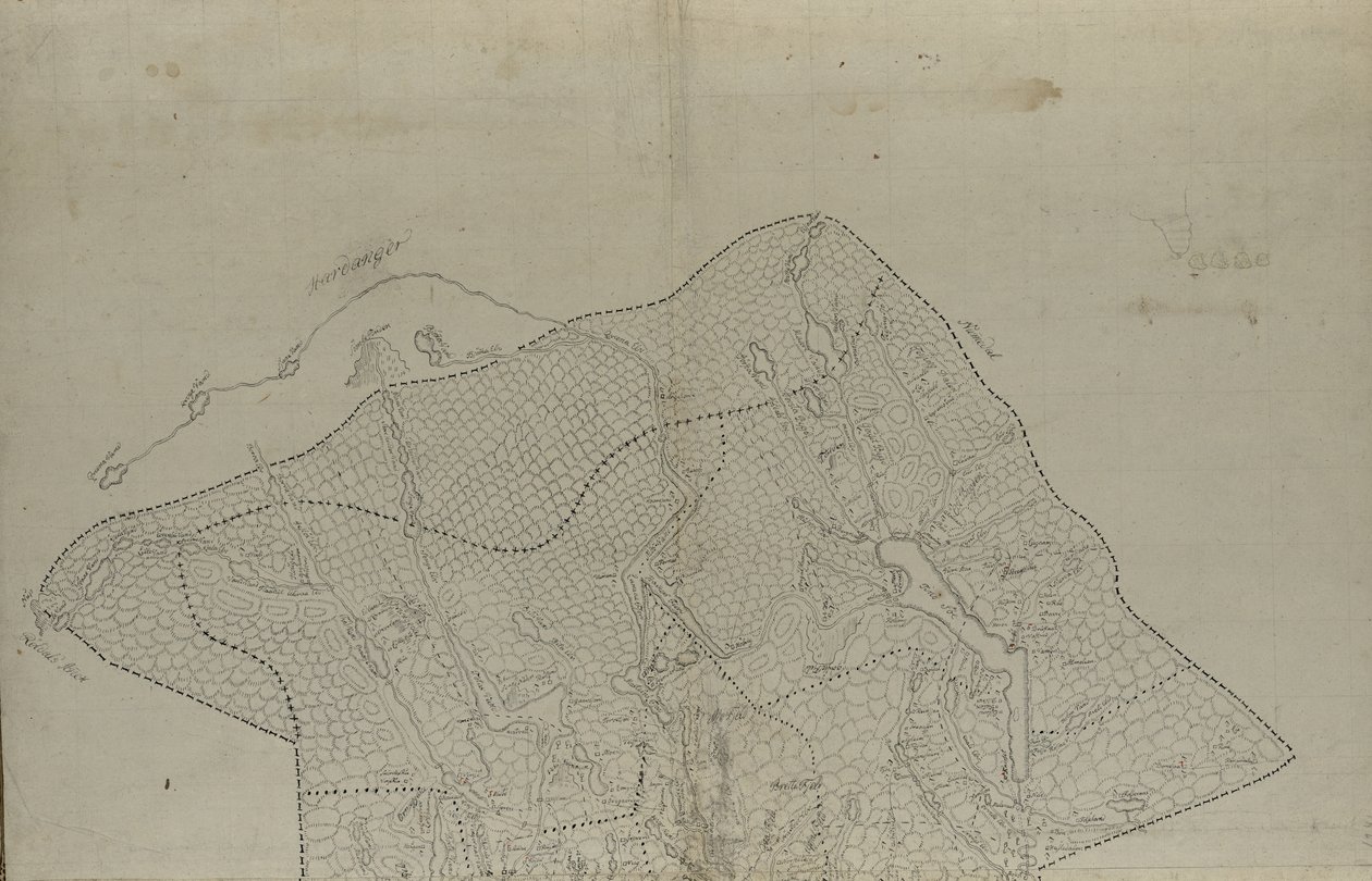 O mapa é publicado no desenho a mão (cerca de 1780) e mostra Telemark de Eenvold Steenbloch