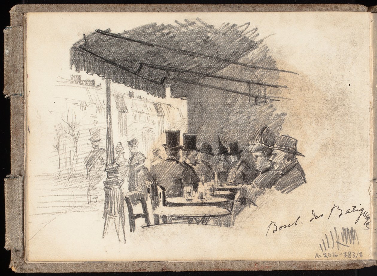 Café ao ar livre em Paris, Boulevard des Batignolles, página do caderno de esboços de Järnefelt de Eero Järnefelt
