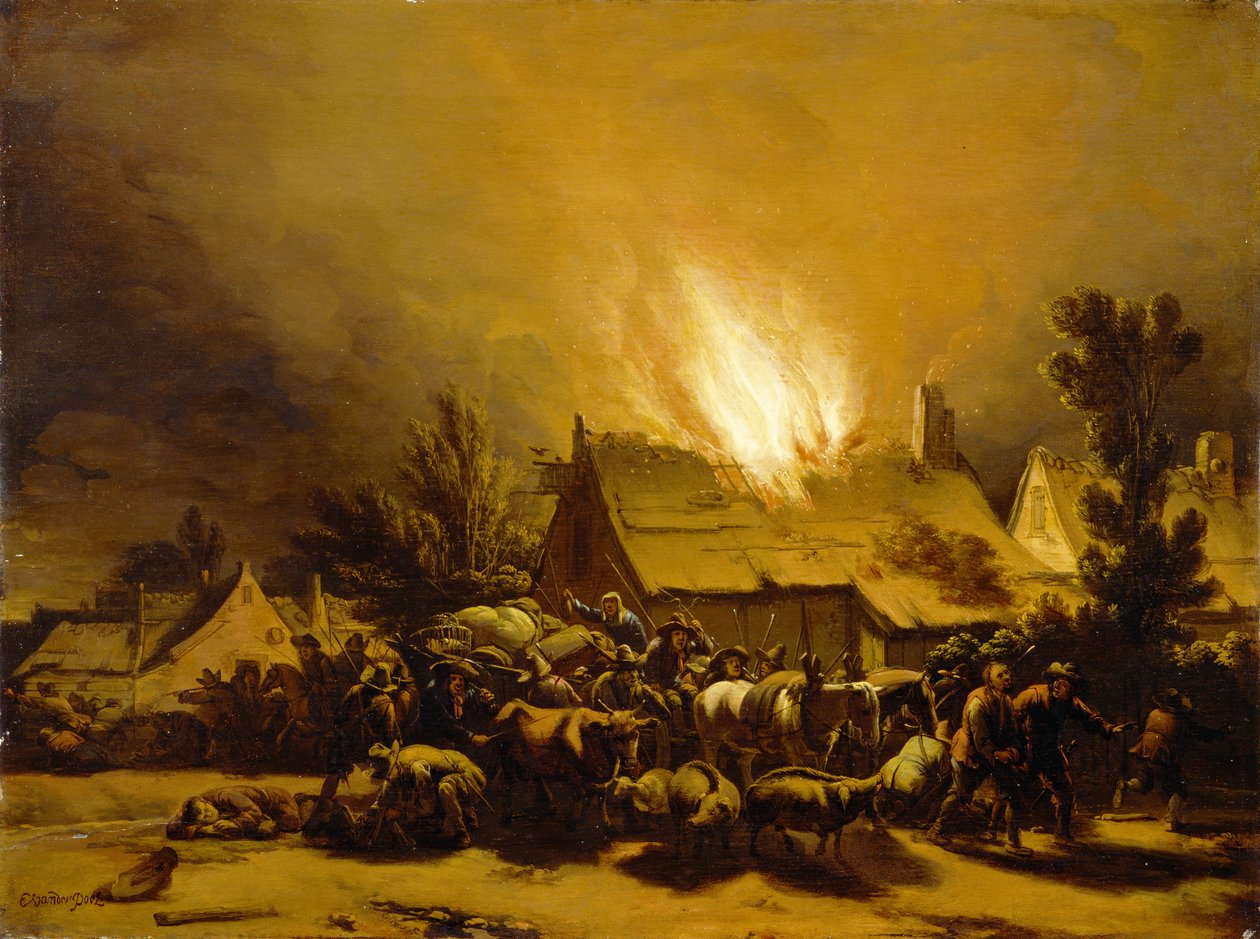 Camponeses que fogem de um celeiro ardente, c.1655 (óleo no painel do carvalho) de Egbert van der Poel