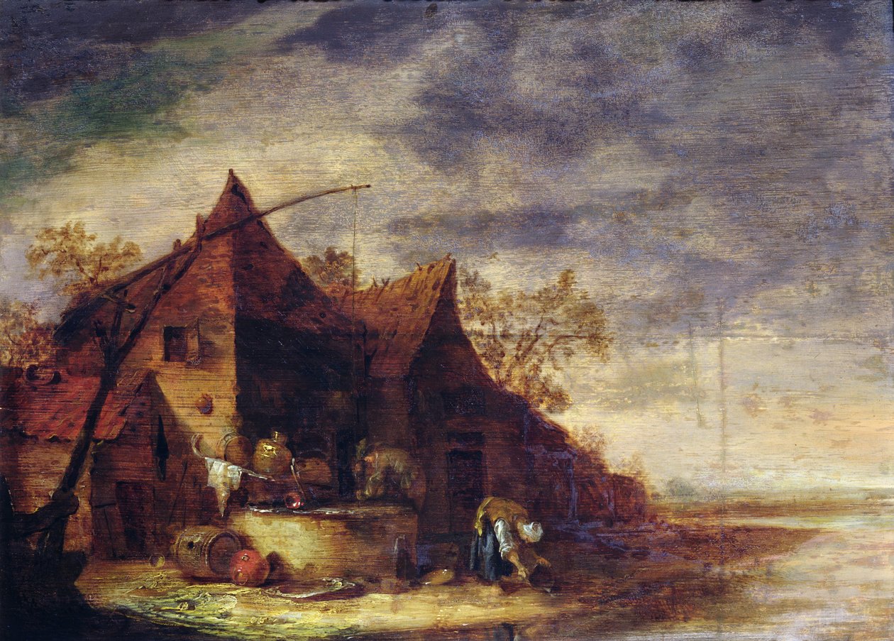 Mulher, frente, um, cabana de Egbert van der Poel