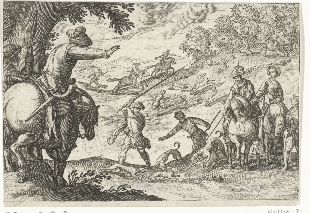 Paisagem com caça à lebre Cenas de caça (título da série) Icones Venantum Species Varias Representantes (título da série) de Egbert Jansz.