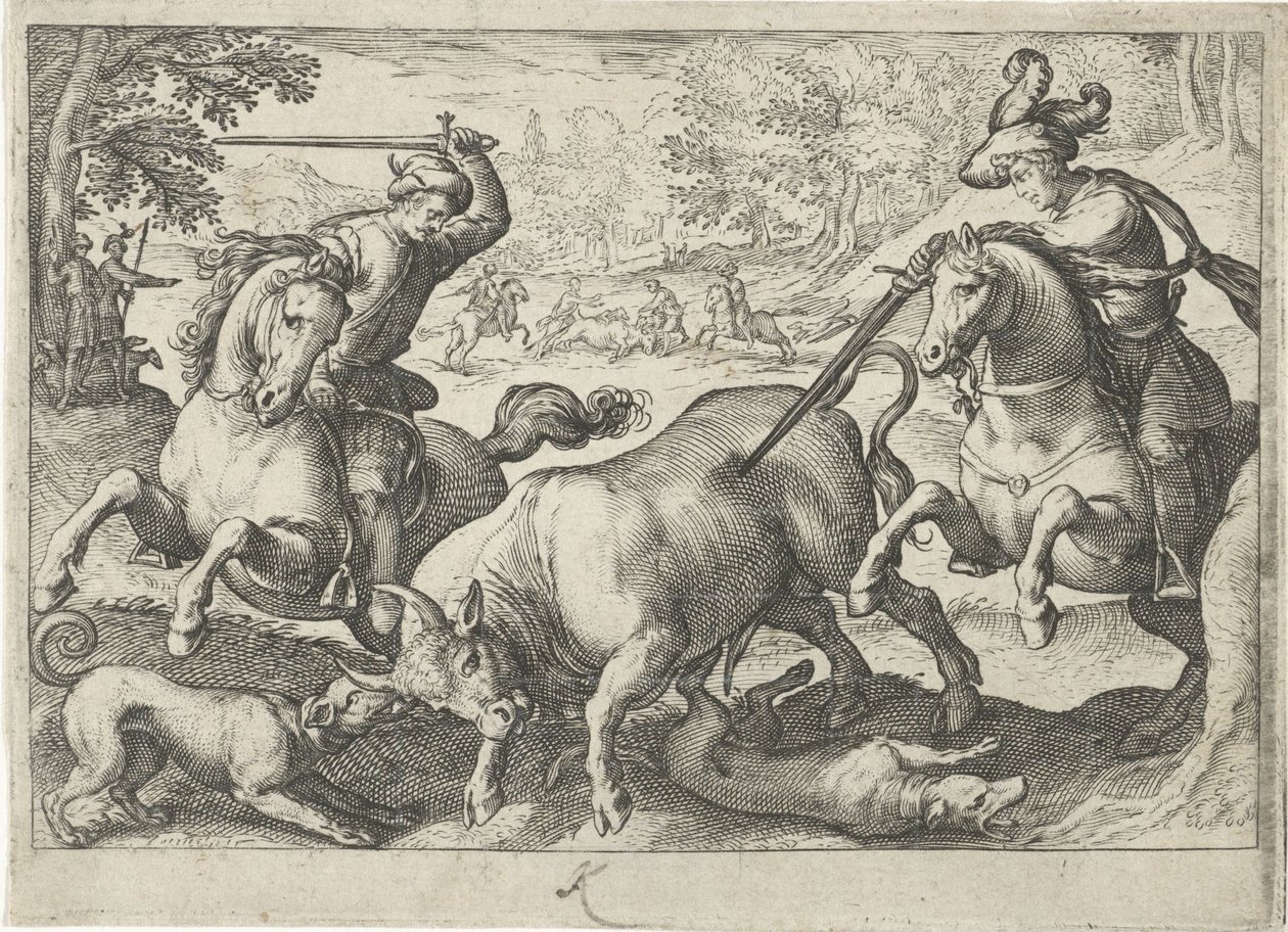 Paisagem com caça ao touro Cenas de caça (título da série) Icones Venantum Species Varias Representantes (título da série) de Egbert Jansz.