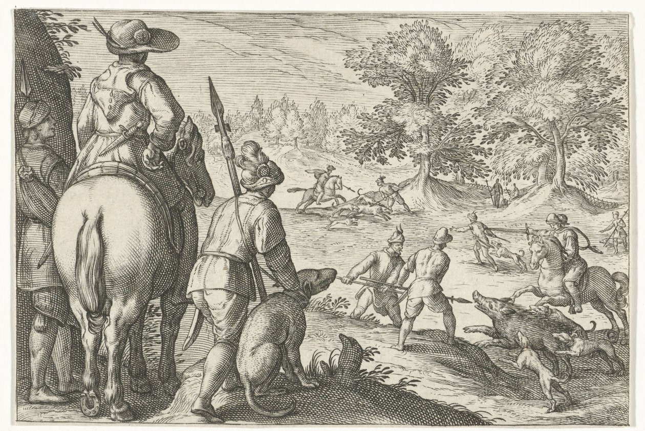 Paisagem com caça ao javali Cenas de caça (título da série) Icones Venantum Species Varias Representantes (título da série) de Egbert Jansz.