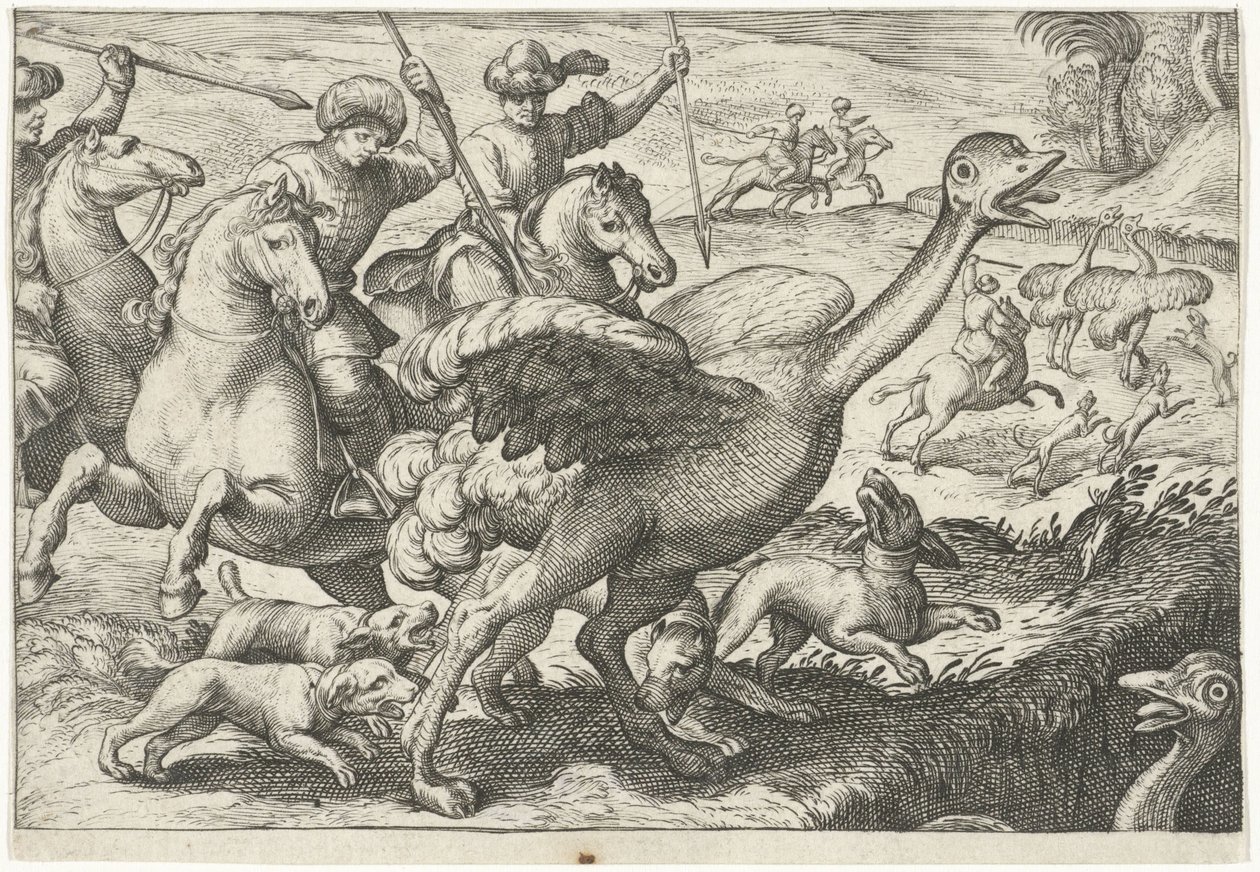 Paisagem com caça de avestruz Cenas de caça (título da série) Icones Venantum Species Varias Representantes (título da série) de Egbert Jansz.