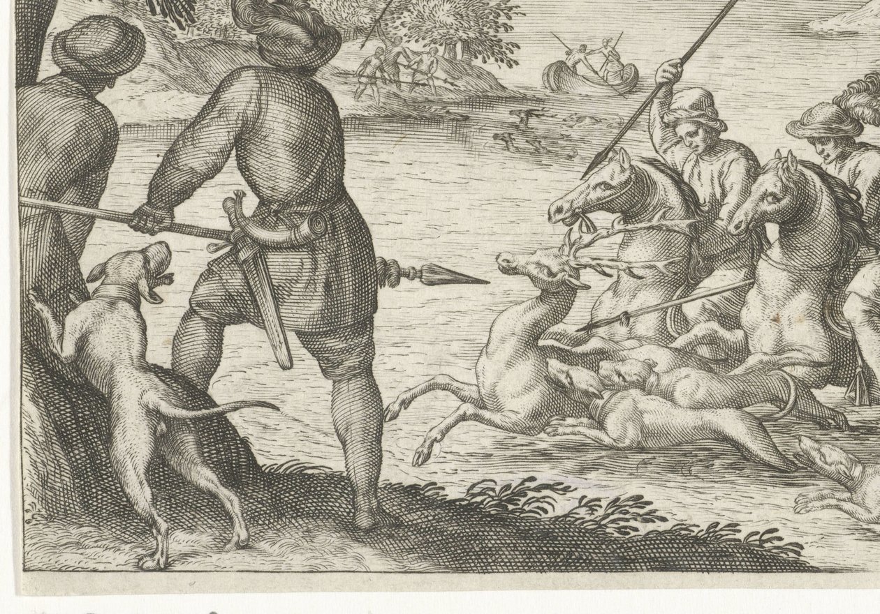 Paisagem do rio com caça ao veado Cenas de caça (título da série) Icones Venantum Species Varias Representantes (título da série) de Egbert Jansz.